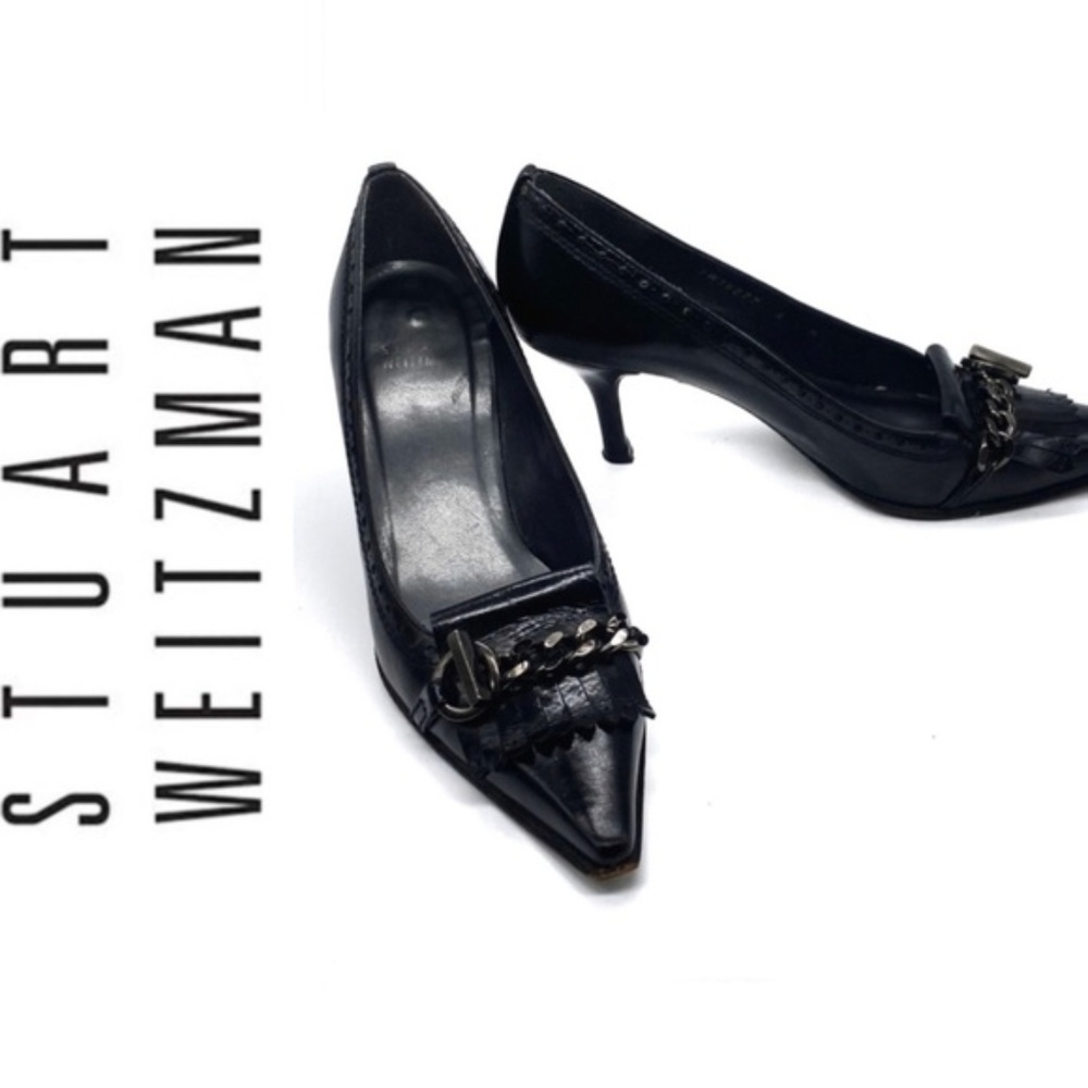 Stuart Weitzman Black Leather Kiltie Oxford Pumps